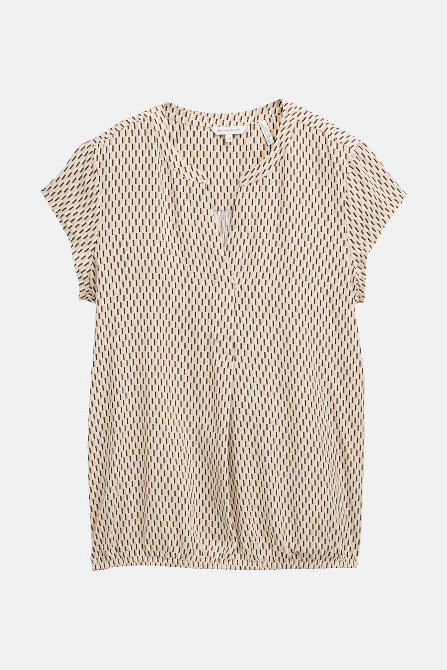 Beige blouse met korte mouwen van Tom Tailor, met een geometrisch patroon van zwarte en beige lijnen.