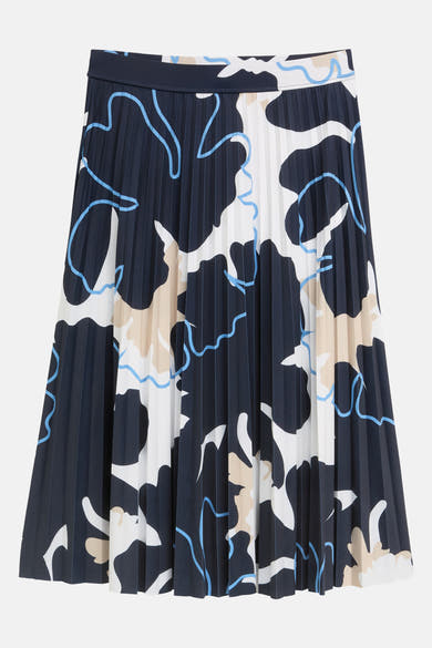 Tom Tailor veelkleurige geplooide midi-rok met blauw-wit abstract bloemenpatroon, uitlopende pasvorm.
