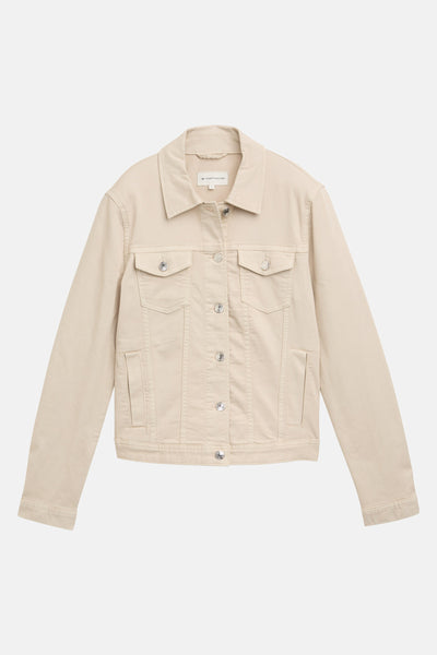 Veste en jean beige de Tom Tailor, avec poches à rabat et boutons argentés.