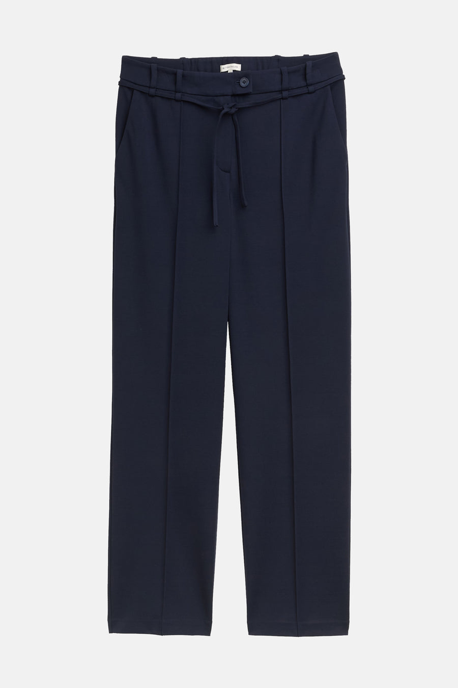Marineblauwe pantalon met rechte pijpen van Tom Tailor, met trekkoord in de taille en opvallende vouwen.