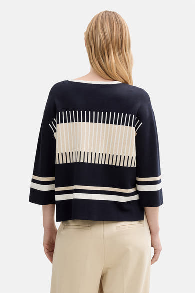 Ronde hals trui blauw van Tom Tailor, met beige horizontale strepen en gebreide details.