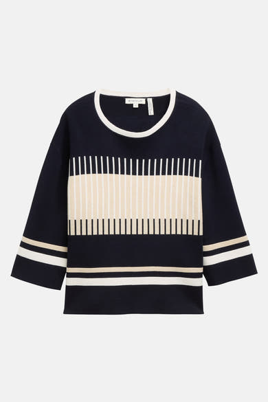 Ronde hals trui blauw van Tom Tailor, met contrasterende horizontale en verticale strepen.