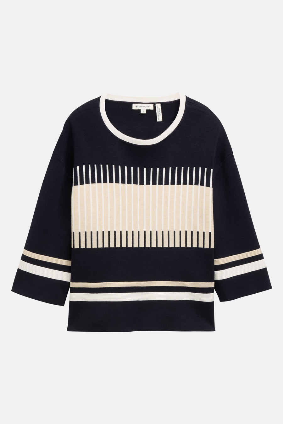 Ronde hals trui blauw van Tom Tailor, met contrasterende horizontale en verticale strepen.