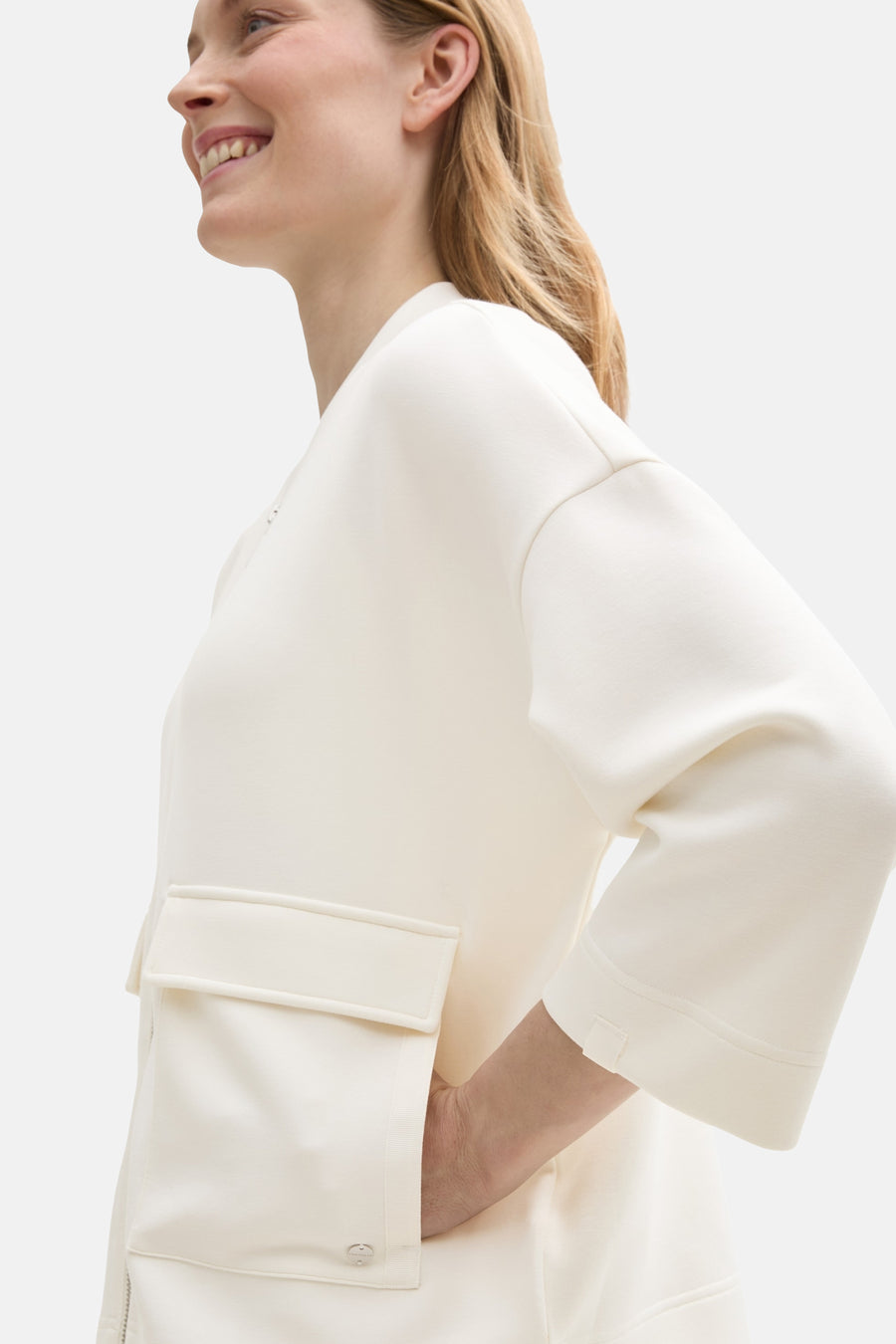 Witte Tom Tailor bodywarmer met opgestikte zakken en onzichtbare ritssluiting, van jersey.