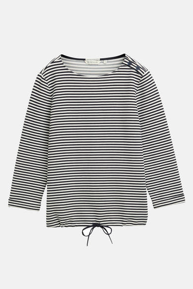 T-shirt à manches longues bleu rayé de Tom Tailor, avec détails de boutons à l'épaule et cordon de serrage.