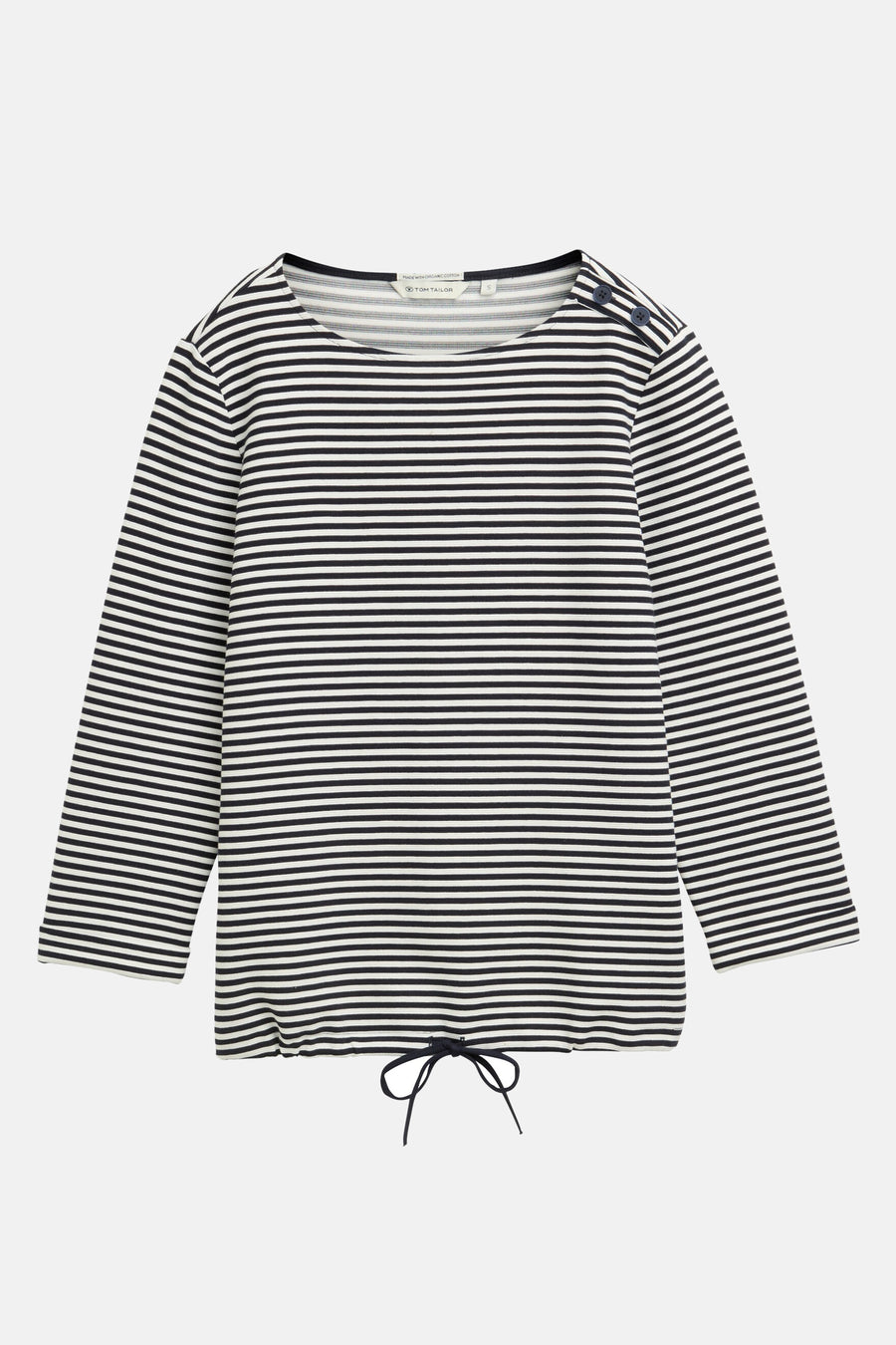T-shirt à manches longues bleu rayé de Tom Tailor, avec détails de boutons à l'épaule et cordon de serrage.