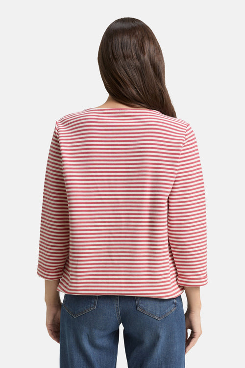 Sweat à col rond multicolore de Tom Tailor avec un motif rayé horizontal, porté avec un jean bleu.
