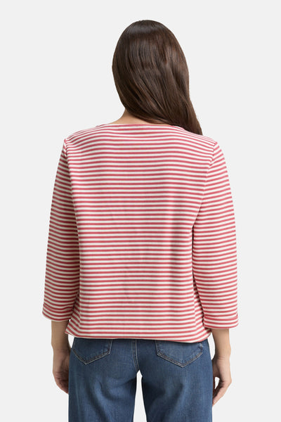 Sweat à col rond multicolore de Tom Tailor avec un motif rayé horizontal, porté avec un jean bleu.