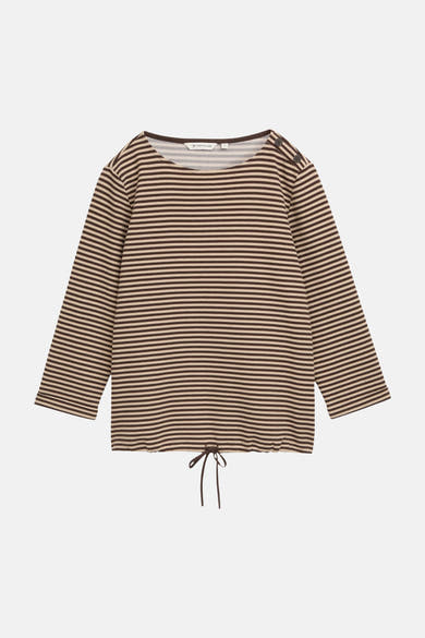 Multicolored striped long-sleeve O-neck sweatshirt by Tom Tailor with side buttons and front drawstring, flat lay view