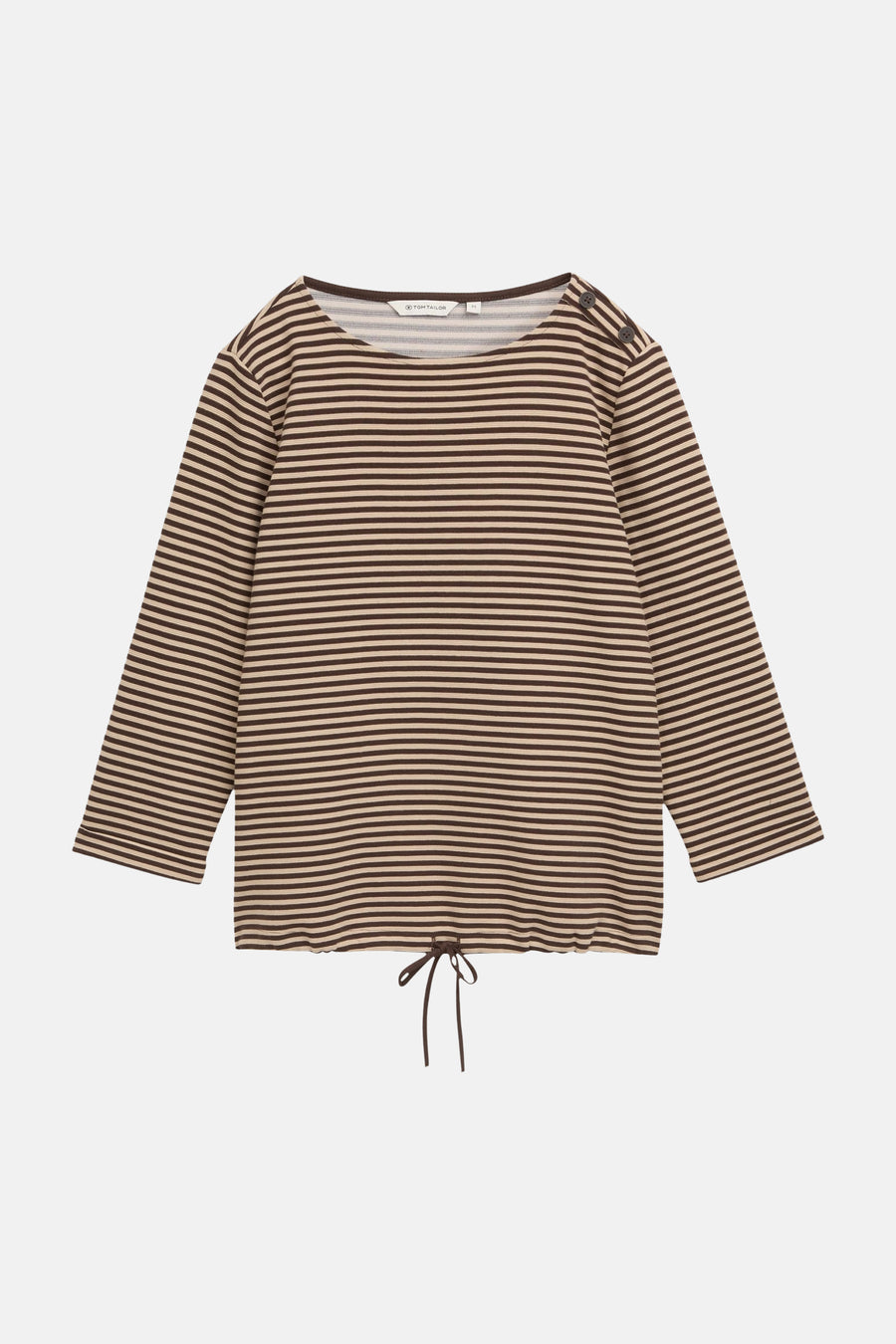 Multicolored striped long-sleeve O-neck sweatshirt by Tom Tailor with side buttons and front drawstring, flat lay view
