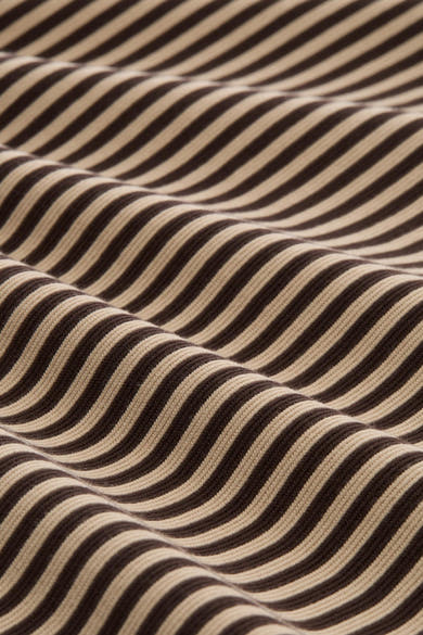 Multicolored ribbed sweatshirt with brown and beige horizontal stripes, close-up texture view