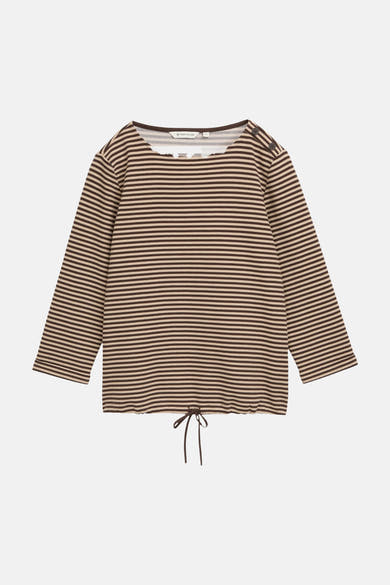 Multicolored striped O-neck sweatshirt by Tom Tailor with front buttons and drawstring hem, flat lay front view