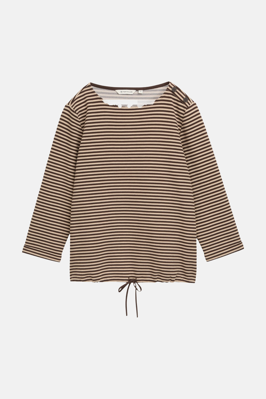 Multicolored striped O-neck sweatshirt by Tom Tailor with front buttons and drawstring hem, flat lay front view
