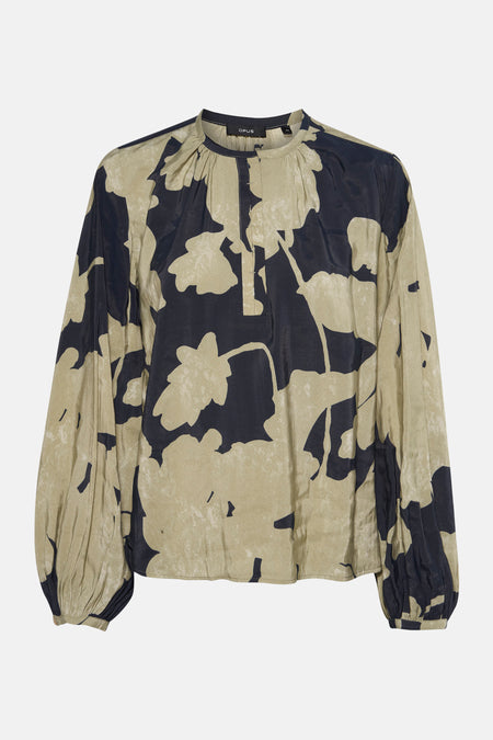 Multikleurige blouse met lange mouwen van OPUS, zwart en beige abstract patroon, textuurstof.