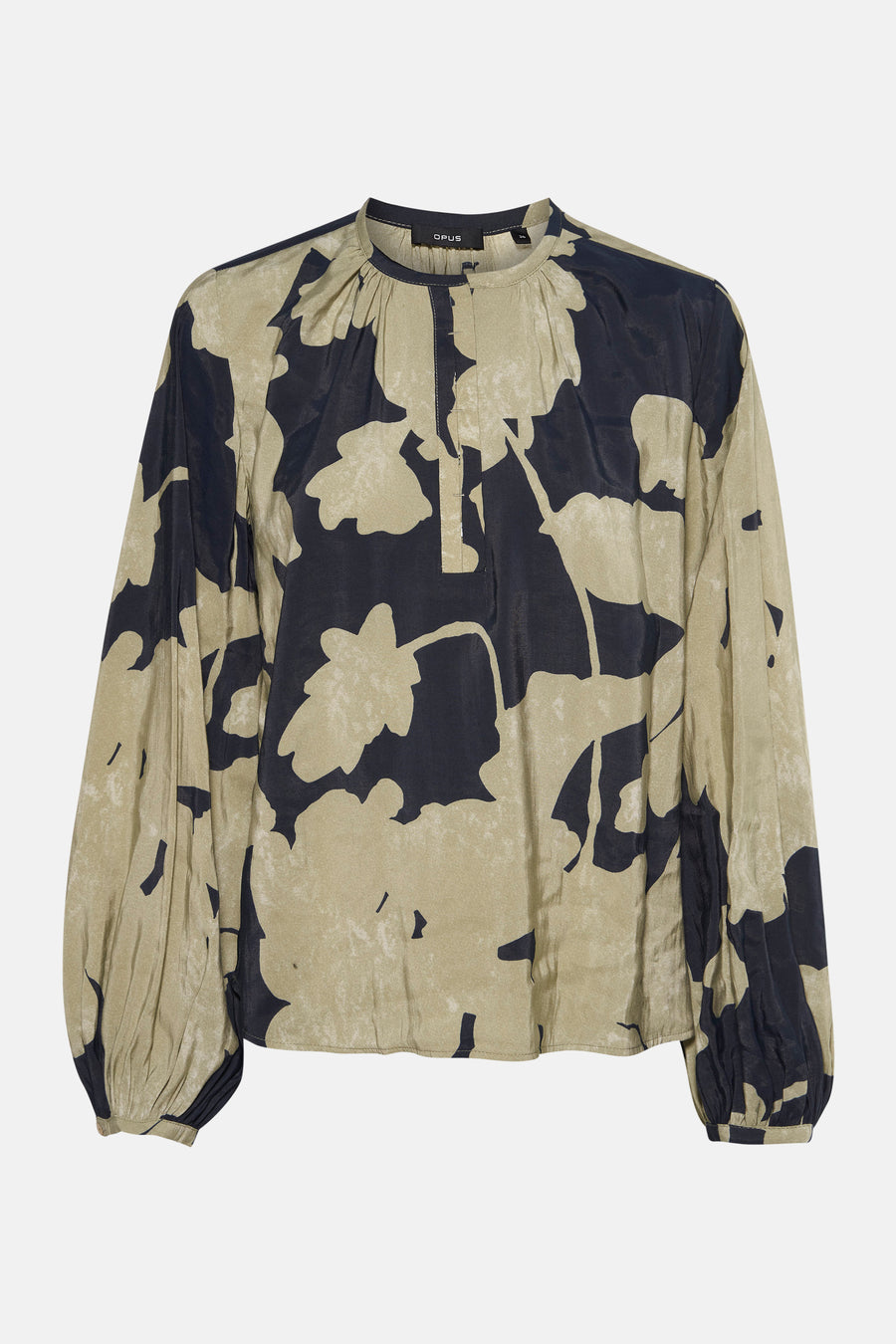 Multikleurige blouse met lange mouwen van OPUS, zwart en beige abstract patroon, textuurstof.