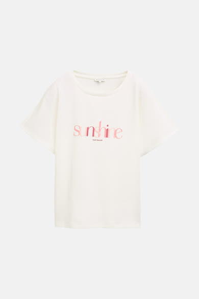 Ecru T-shirt met korte mouwen van Tom Tailor, bedrukt met het woord "sunshine" in het roze.