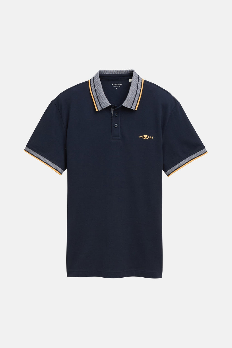 Donkerblauw poloshirt met korte mouwen van Tom Tailor, met grijs en oranje gestreepte kraag en mouwen, en gouden borduursel.