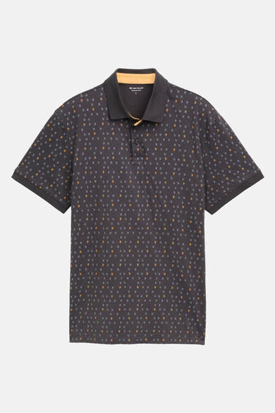 Grijze polo met patroon, van Tom Tailor, met zwarte kraag en een knoopsluiting met twee knopen.