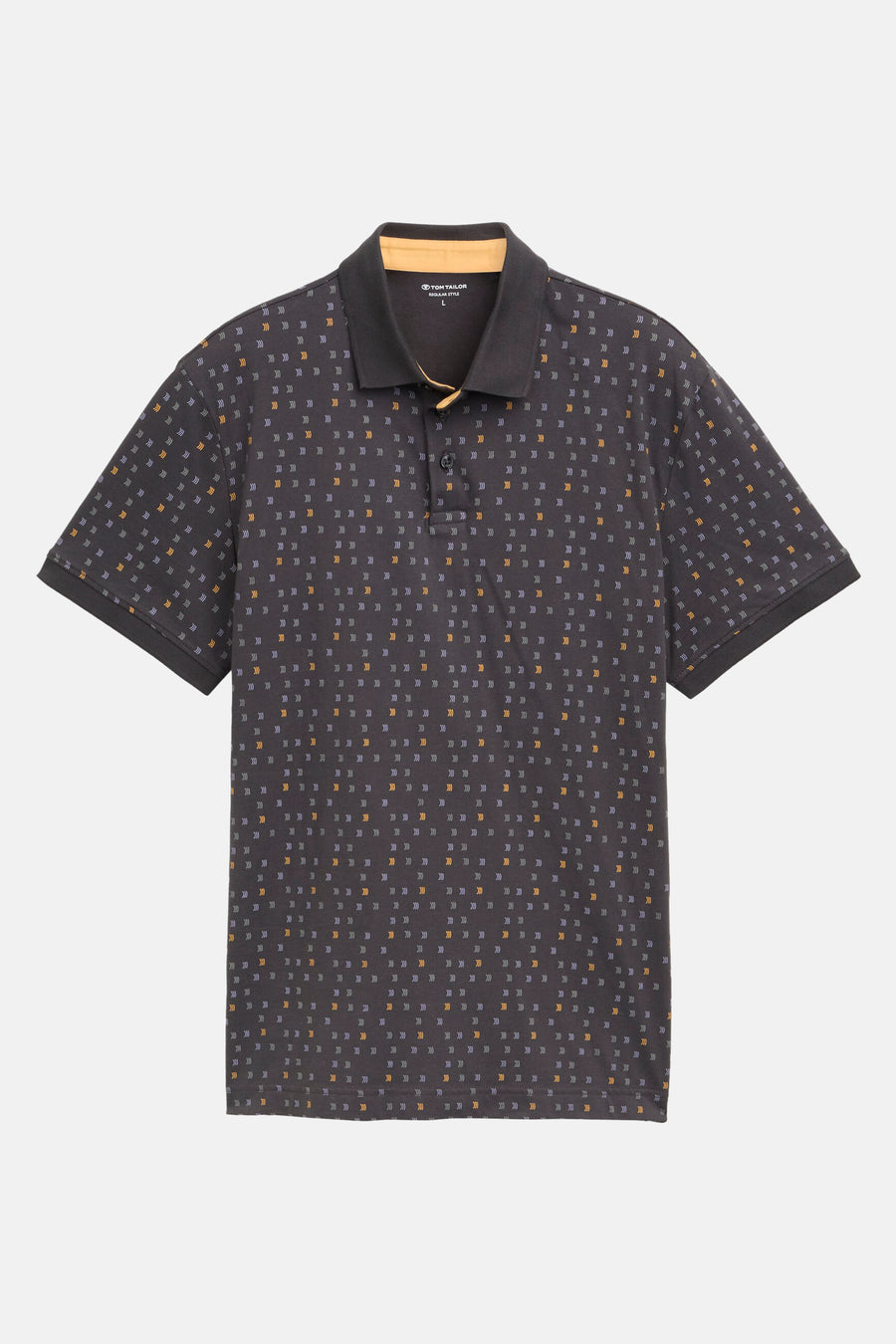 Grijze polo met patroon, van Tom Tailor, met zwarte kraag en een knoopsluiting met twee knopen.