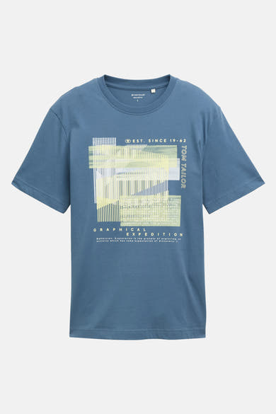 Blauw T-shirt met korte mouwen van Tom Tailor, met een grafische expeditieprint.