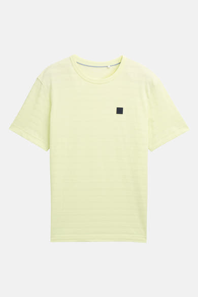 Groen T-shirt met korte mouwen van Tom Tailor, met subtiel textuurpatroon en zwart embleem op de borst.