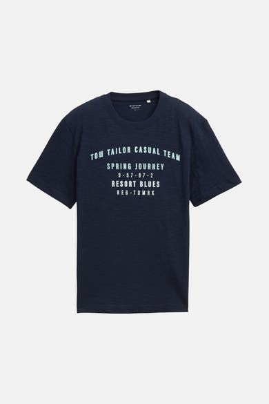 Donkerblauw T-shirt met korte mouwen van Tom Tailor, met opdruk op de voorkant.