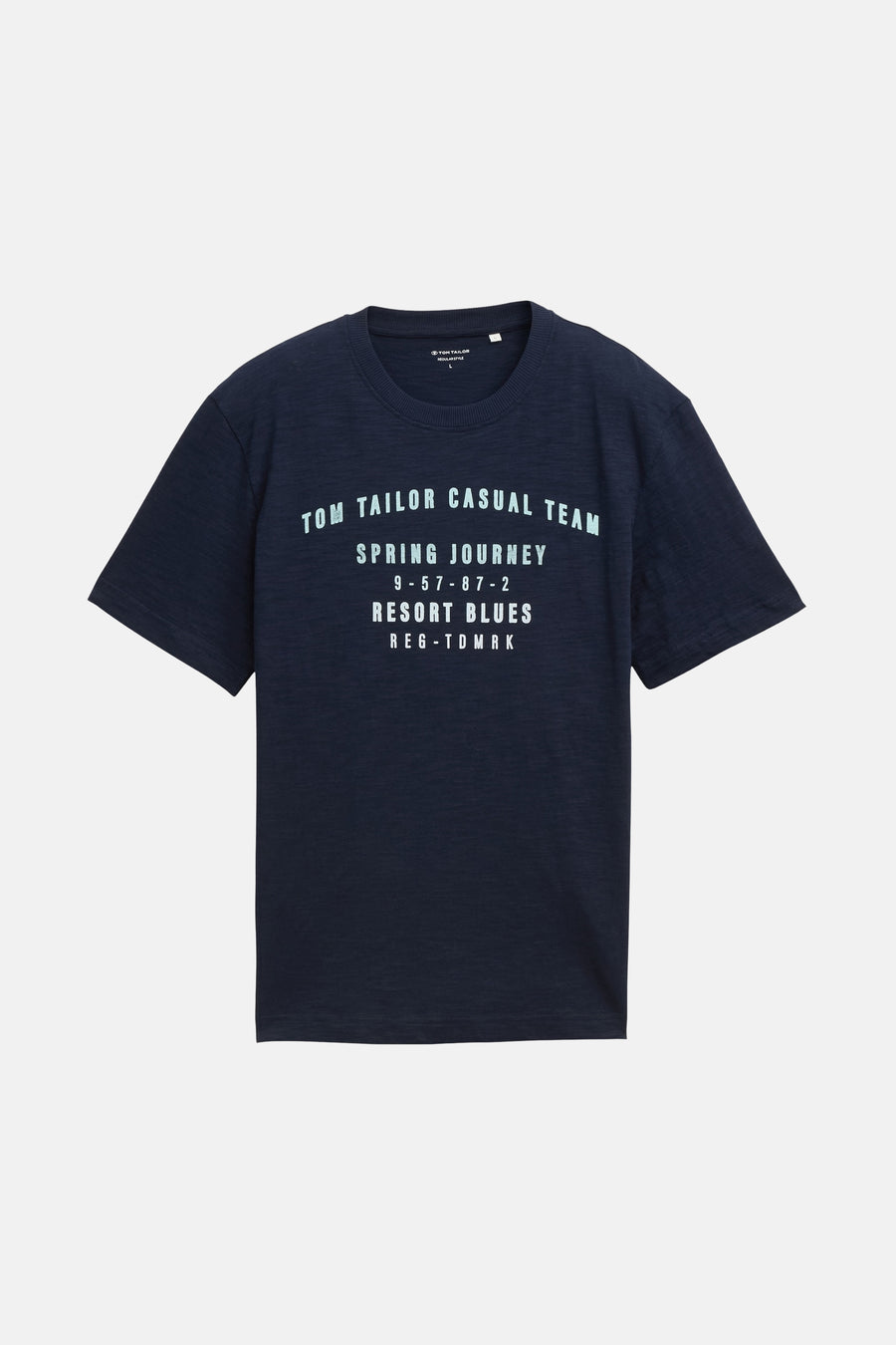 Donkerblauw T-shirt met korte mouwen van Tom Tailor, met opdruk op de voorkant.