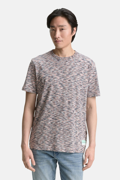 T-shirt à manches courtes multicolore de Tom Tailor, à motif chiné horizontal, porté avec un jean bleu.