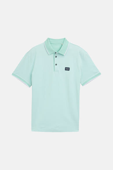 Mintgroen poloshirt met korte mouwen van Tom Tailor, met witte bies op de kraag en een embleem op de borst.