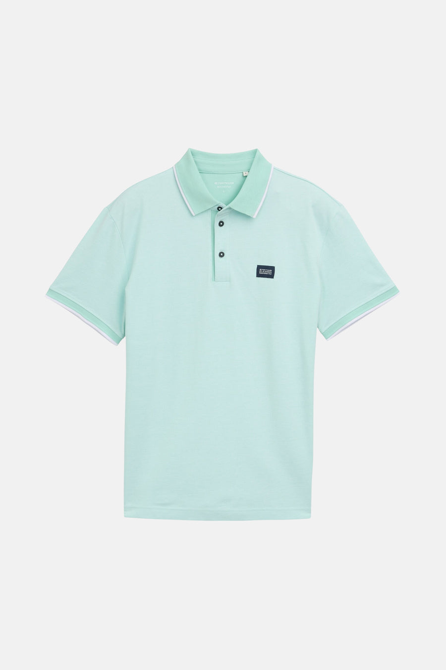 Mintgroen poloshirt met korte mouwen van Tom Tailor, met witte bies op de kraag en een embleem op de borst.