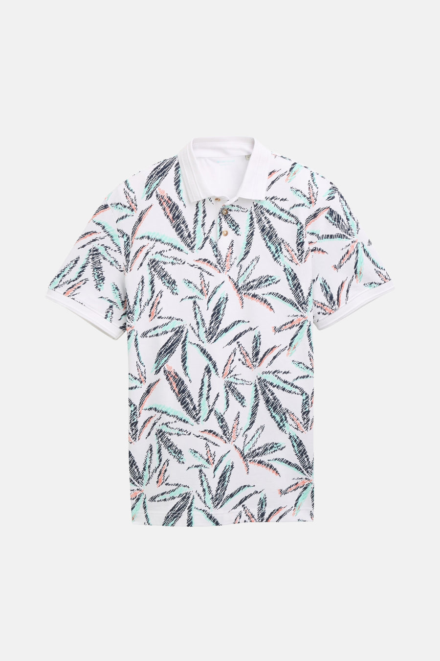 Multikleurig T-shirt met korte mouwen van Tom Tailor, met grafisch bladerpatroon op een witte achtergrond.