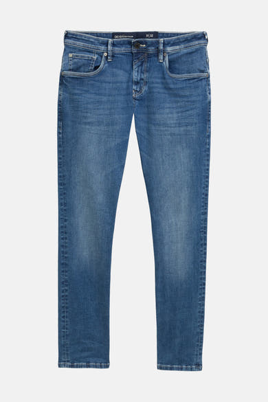 Rechte blauwe denim jeans van Tom Tailor, regular fit, op een effen witte achtergrond.