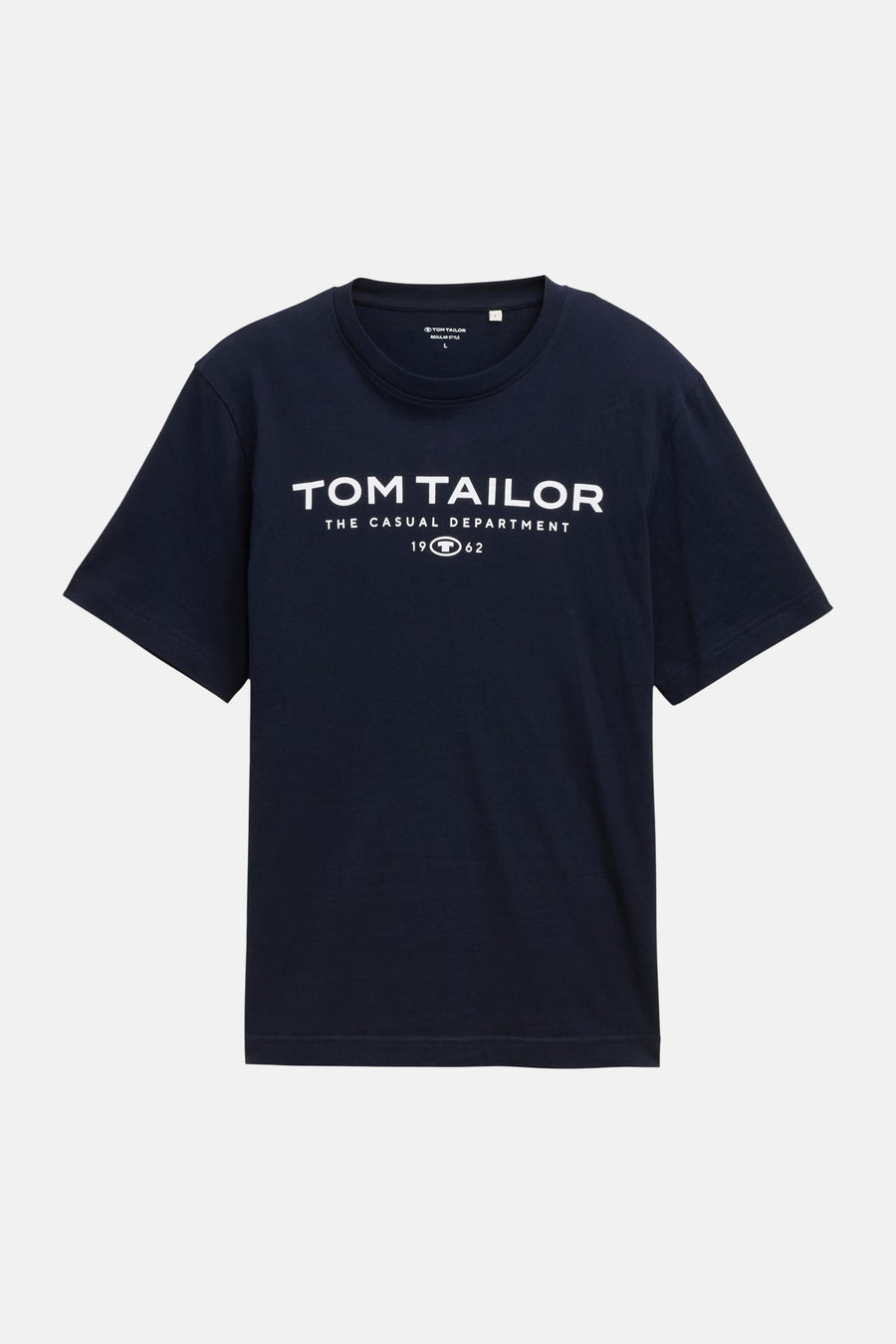 Navy blue short-sleeve T-shirt by Tom Tailor with white logo print on chest, crew neck, and regular fit.