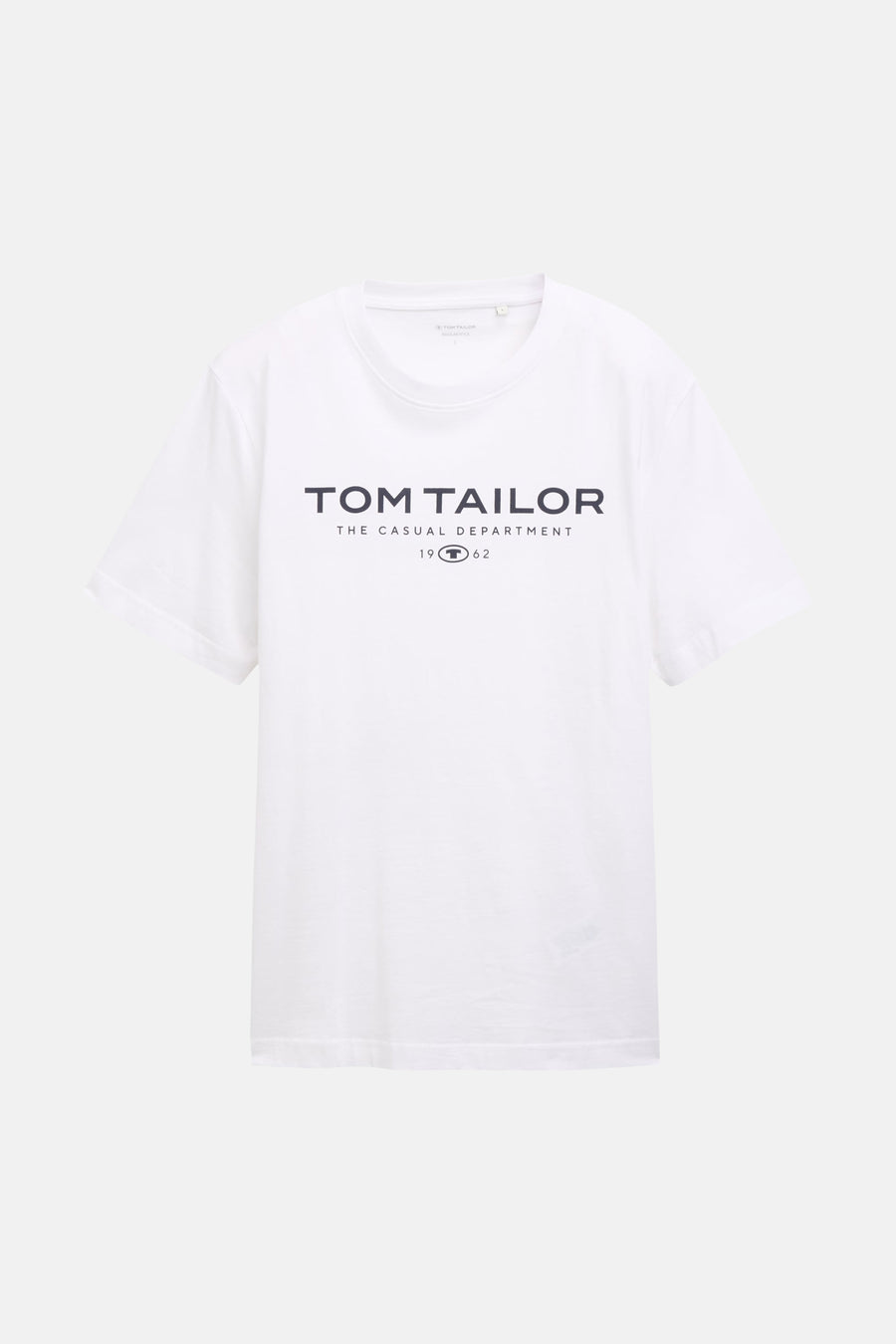 White short-sleeve T-shirt by Tom Tailor with dark gray logo print and round neckline, front view