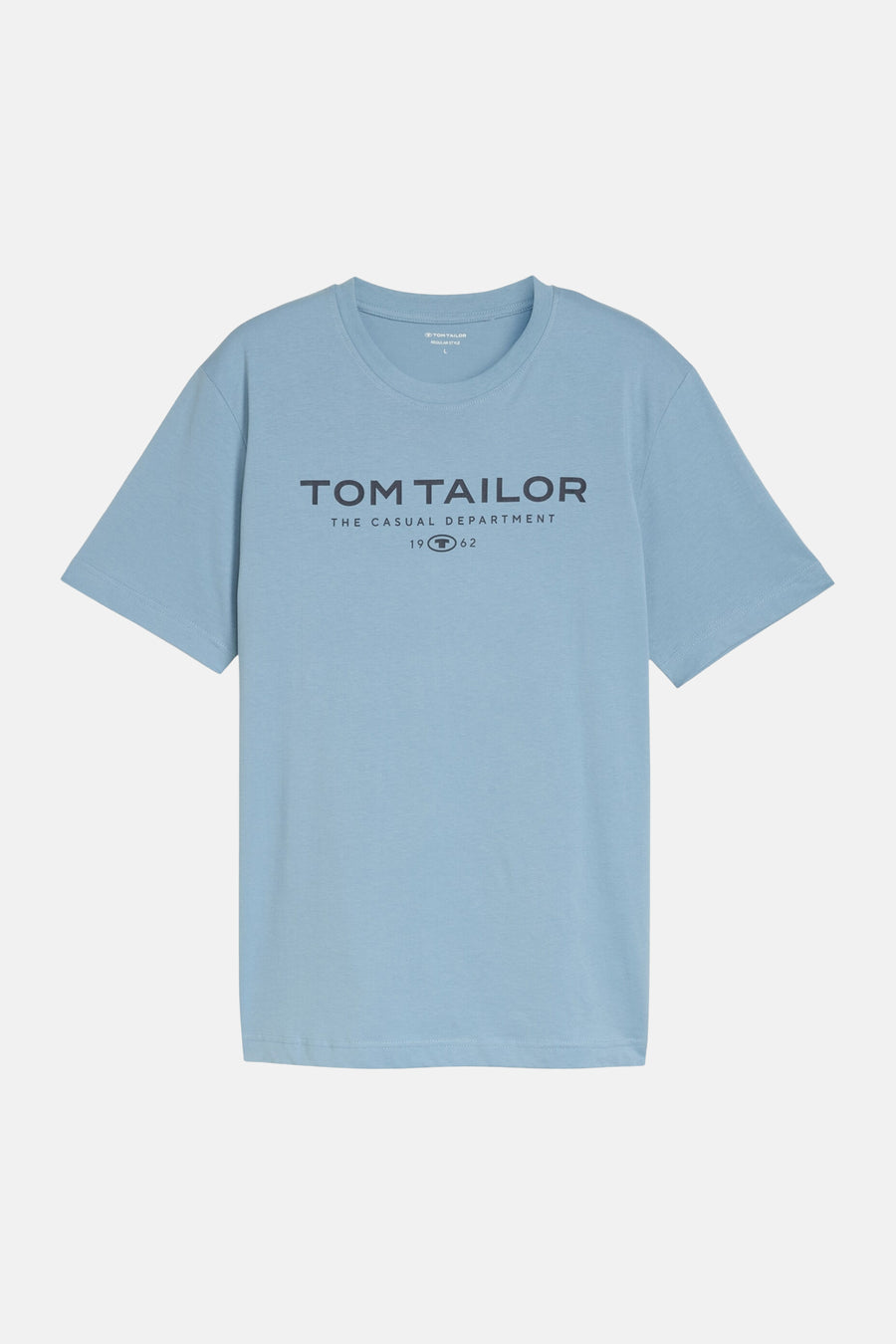 Blauwe T-shirt van Tom Tailor met ronde hals en een groot zwart logo op de borst gedrukt.