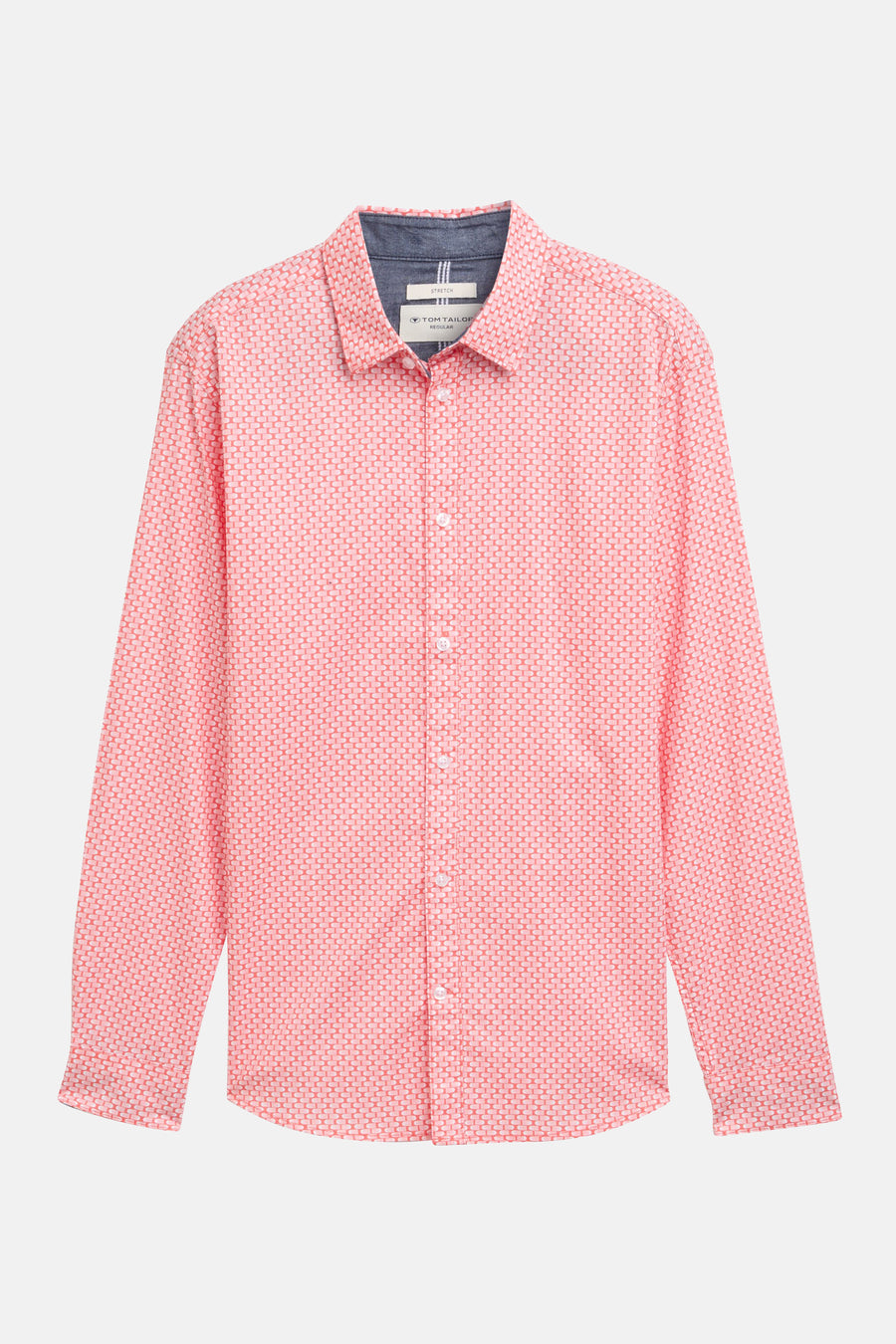 Koraalkleurig overhemd met lange mouwen van Tom Tailor, all-over geometrische print op een lichte achtergrond.