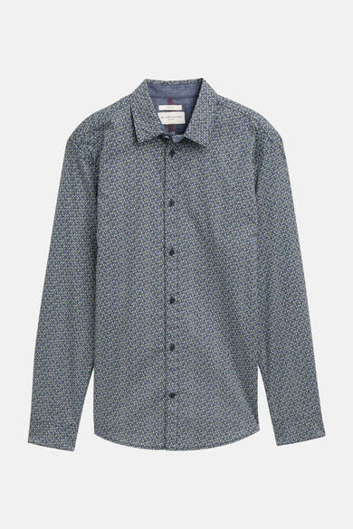 Blauw overhemd met lange mouwen van Tom Tailor, met subtiel geometrisch patroon en knoopsluiting.
