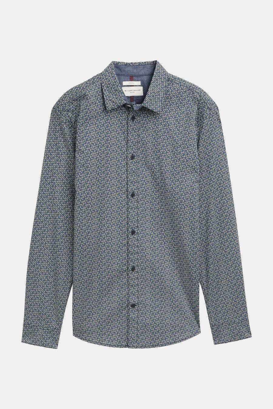 Blauw overhemd met lange mouwen van Tom Tailor, met subtiel geometrisch patroon en knoopsluiting.