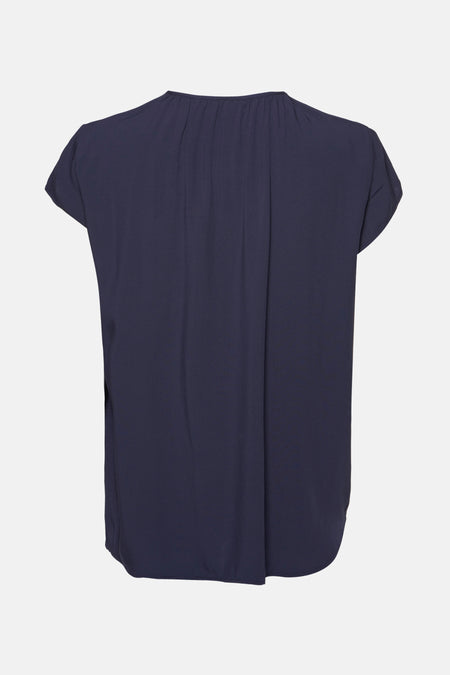 Marineblauwe blouse met korte mouwen van Tom Tailor, met plooien aan de voorkant.