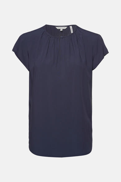 Blouse blauw met korte mouwen van Tom Tailor, met een gerimpelde kraag en een gedeeltelijke knoopsluiting.