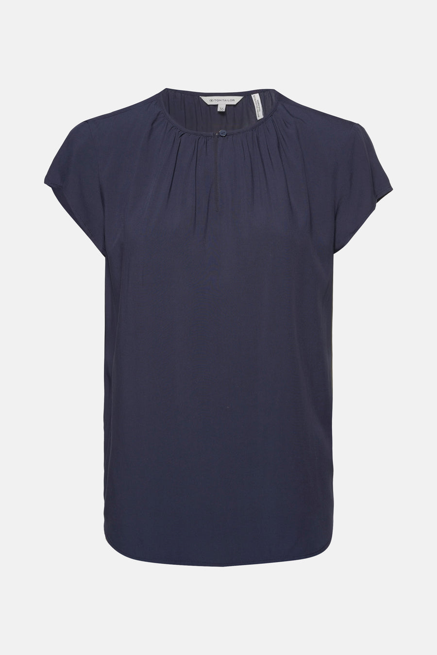 Blouse blauw met korte mouwen van Tom Tailor, met een gerimpelde kraag en een gedeeltelijke knoopsluiting.