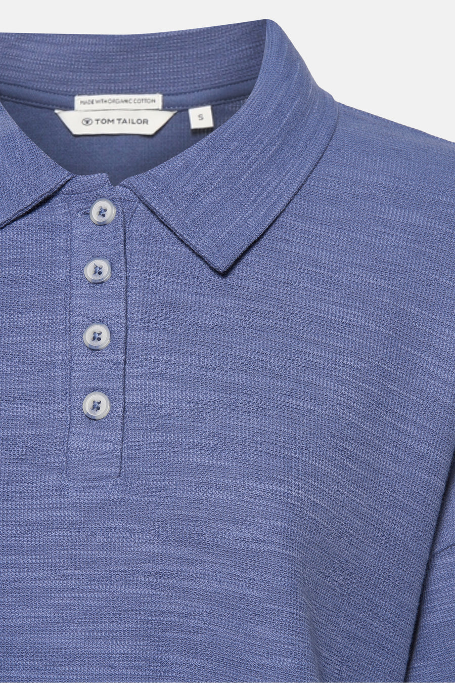 Blauw poloshirt met korte mouwen van Tom Tailor, met een subtiele textuur en een korte knoopsluiting.