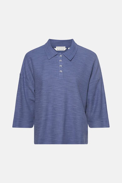 Blauwe 3/4-mouwen polo van Tom Tailor, in een getextureerd breisel met een knoopsluiting.