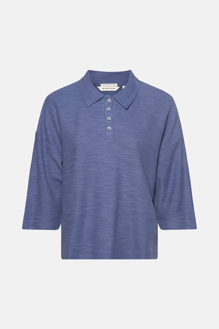 Blauwe 3/4-mouwen polo van Tom Tailor, in een getextureerd breisel met een knoopsluiting.