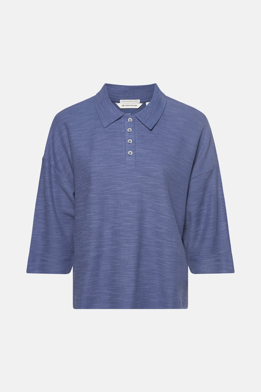 Blauwe 3/4-mouwen polo van Tom Tailor, in een getextureerd breisel met een knoopsluiting.