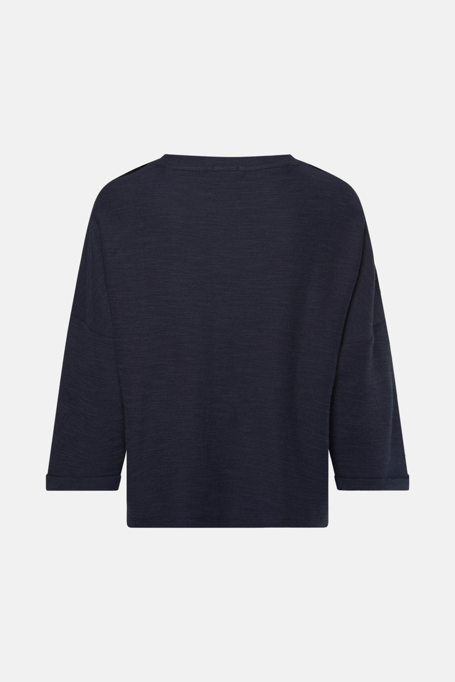 Blauw T-shirt van Tom Tailor, met driekwartmouwen en omslag, op een witte achtergrond.