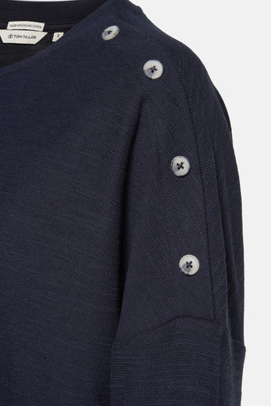Blauw T-shirt van tricot van Tom Tailor, met decoratieve knopen op de schouder