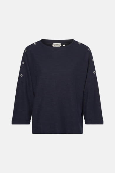 Blauwe 3/4-mouwen T-shirt van Tom Tailor, met decoratieve knoopdetails op de schouders.