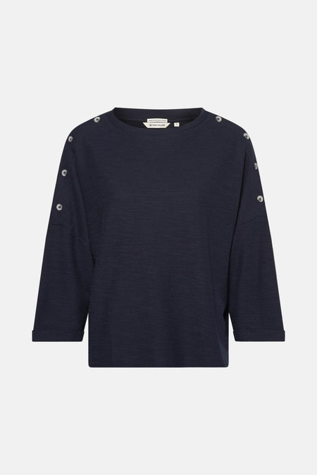 Blauwe 3/4-mouwen T-shirt van Tom Tailor, met decoratieve knoopdetails op de schouders.
