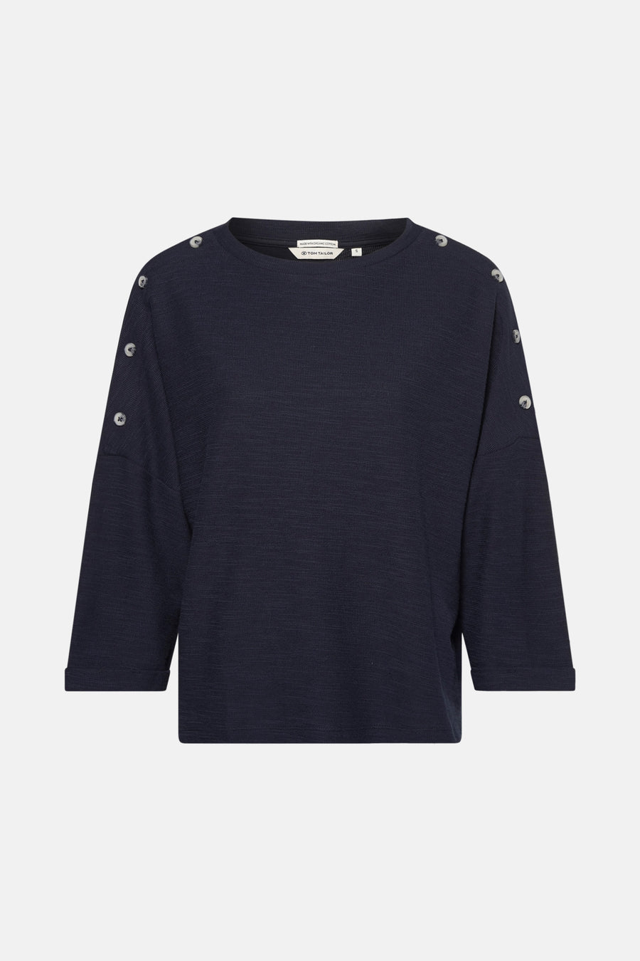 Blauwe 3/4-mouwen T-shirt van Tom Tailor, met decoratieve knoopdetails op de schouders.